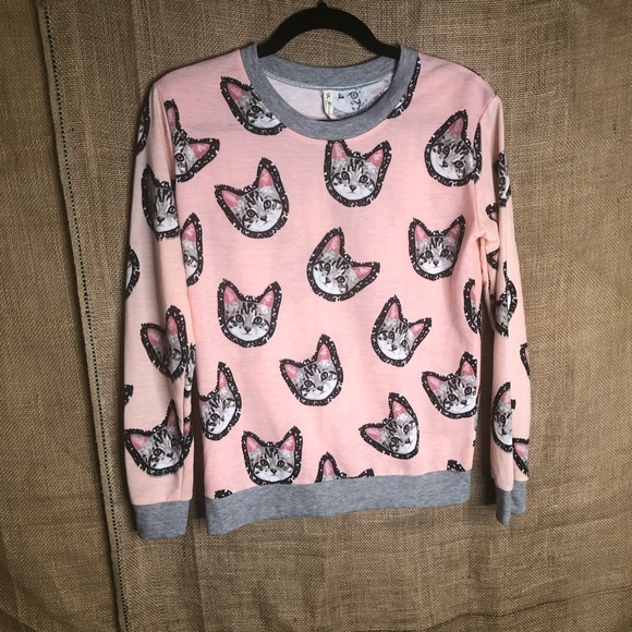 Sweaters - Cat Print Shirt Pink Cats Trendy Meme Womens M